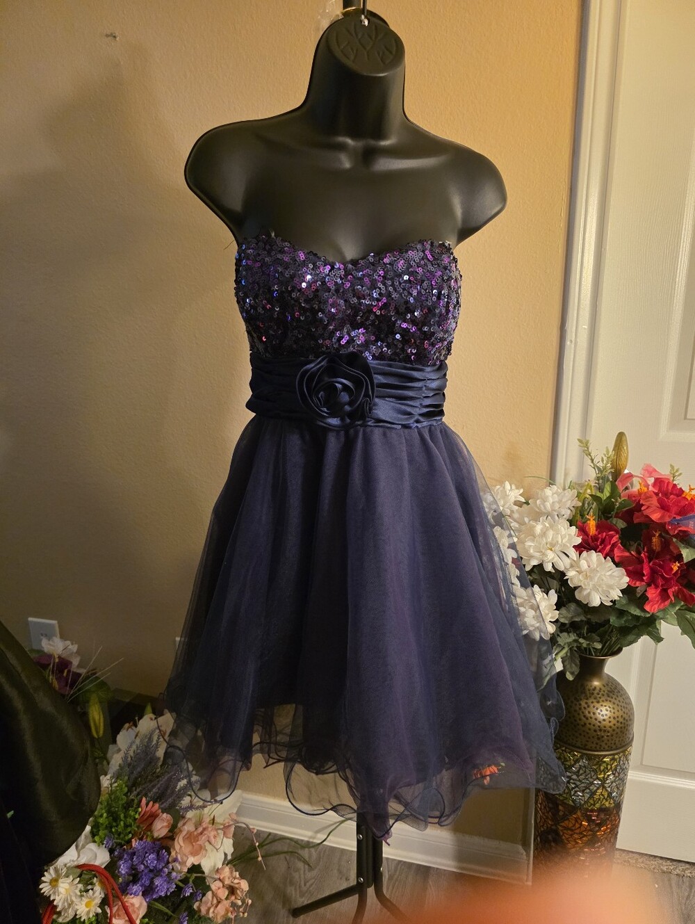 Speechless Navy Sequin Strapless Party Dress with Floral Sash